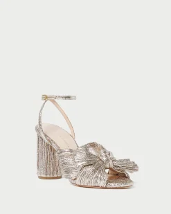 Best Camellia Pleated Bow Heel Heeled Sandals