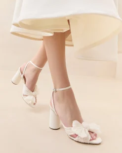 Best Camellia Pleated Bow Heel Heeled Sandals