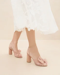 Best Camellia Pleated Bow Heel Heeled Sandals