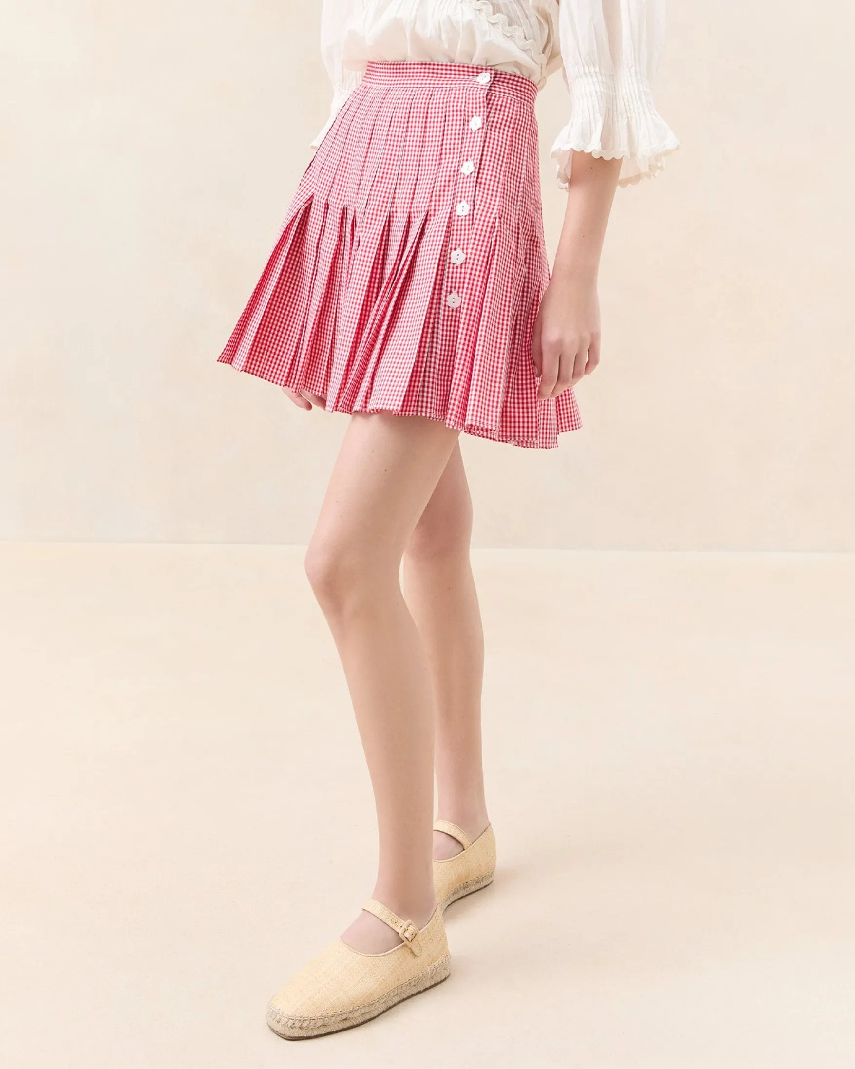 Sale Caroline Red Gingham Pleated Skirt Bottoms
