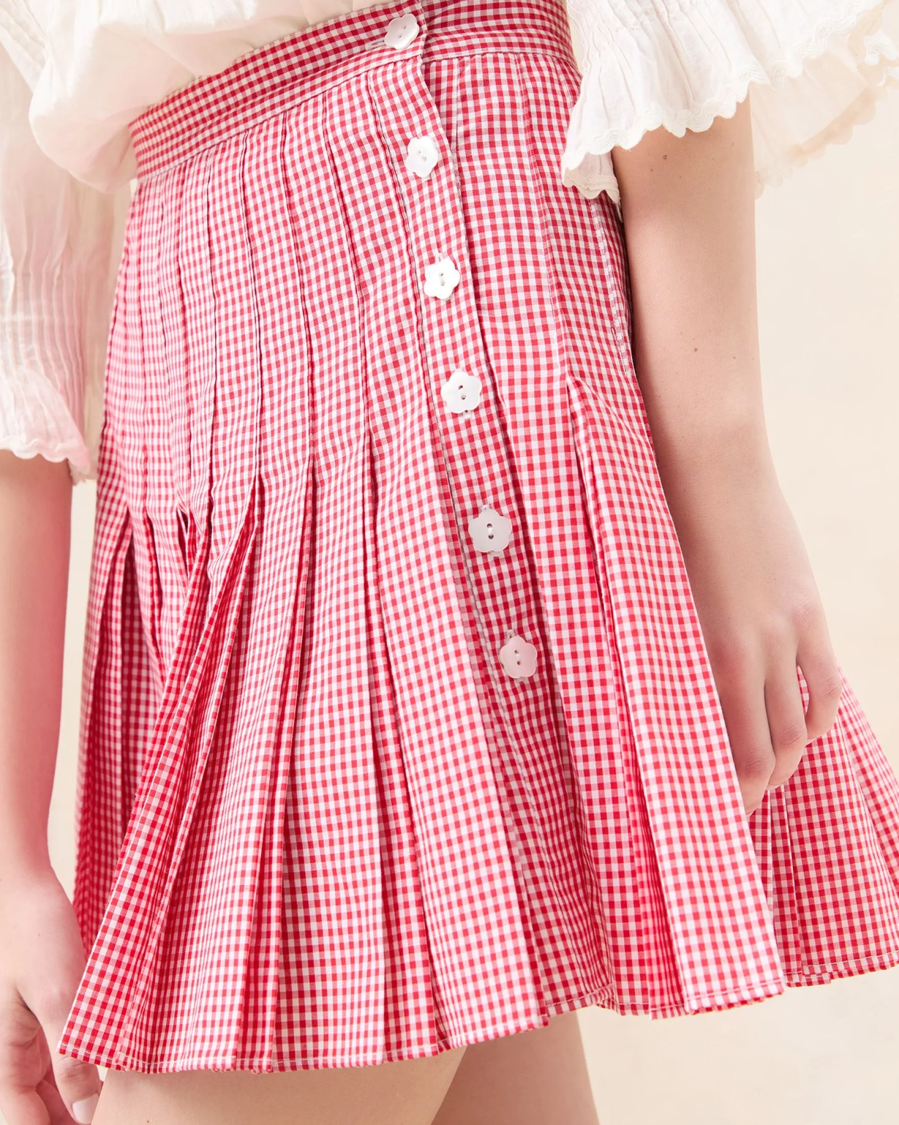 Sale Caroline Red Gingham Pleated Skirt Bottoms