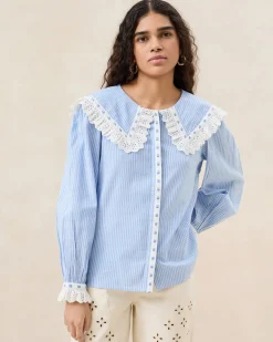 Clearance Daisy Blue Broderie Collared Blouse Casual Staples|Jessie Loves