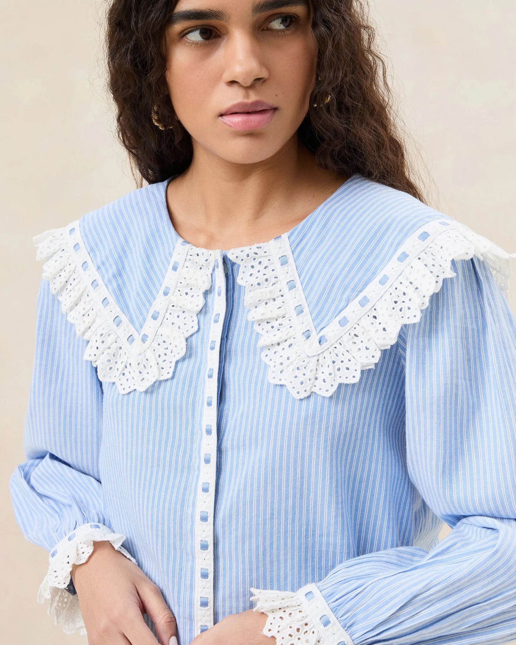 Clearance Daisy Blue Broderie Collared Blouse Casual Staples|Jessie Loves