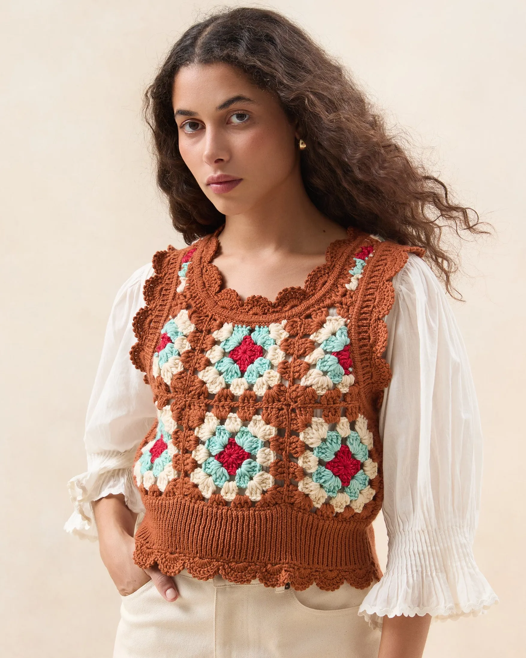 Hot Eddie Brown/Cream Floral Vest Knitwear|Tops