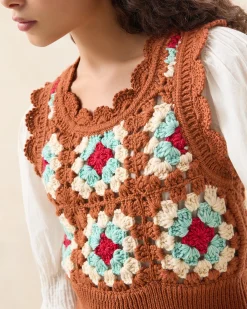 Hot Eddie Brown/Cream Floral Vest Knitwear|Tops