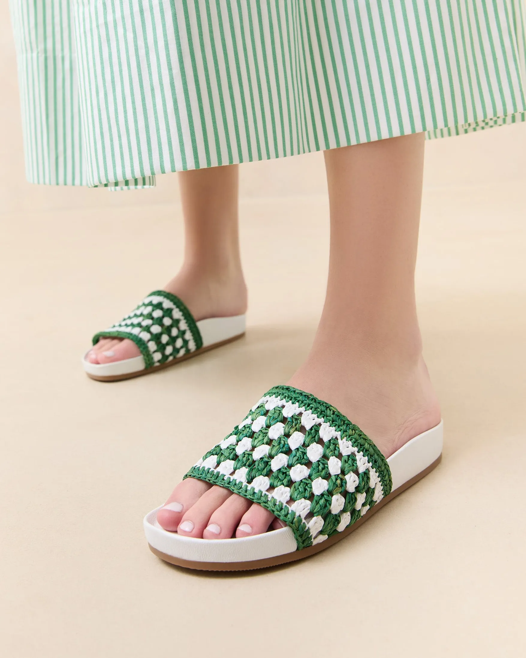 Discount Henri Green/White Crochet Raffia Sandal Flat Sandals