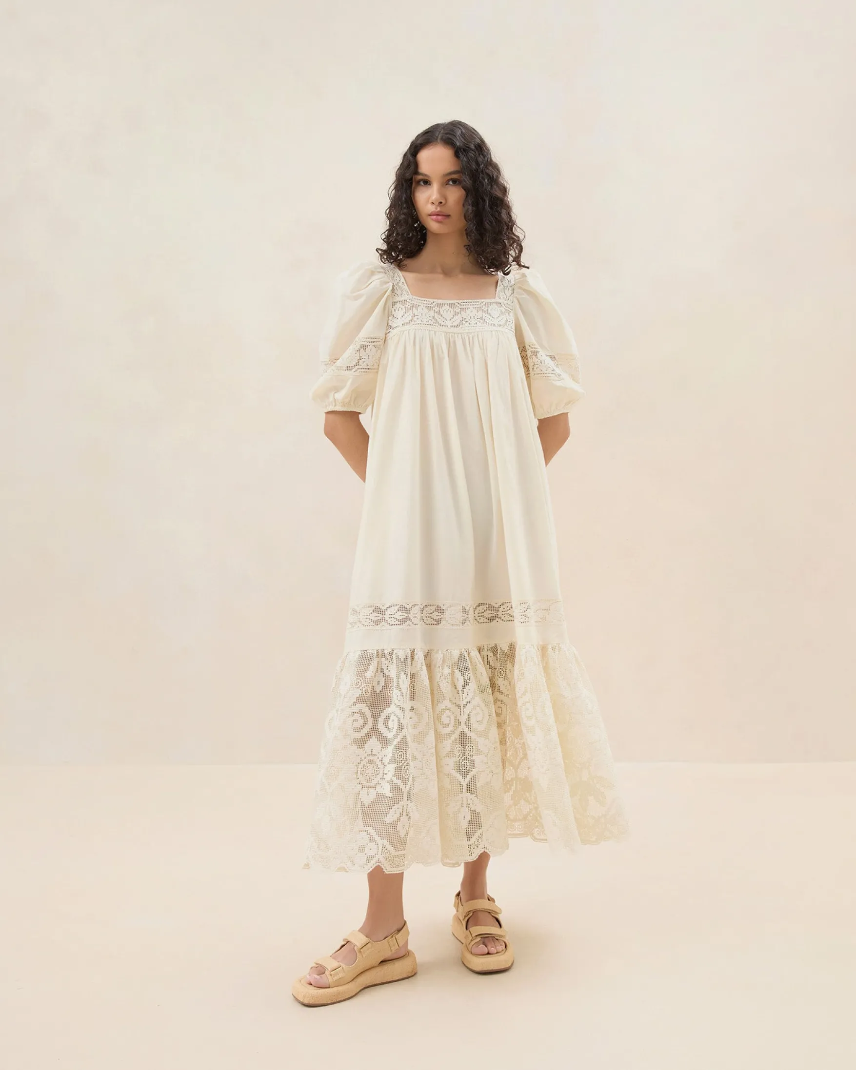 Hot Jo Cream Puff-Sleeve Dress Casual Staples|Event Essentials