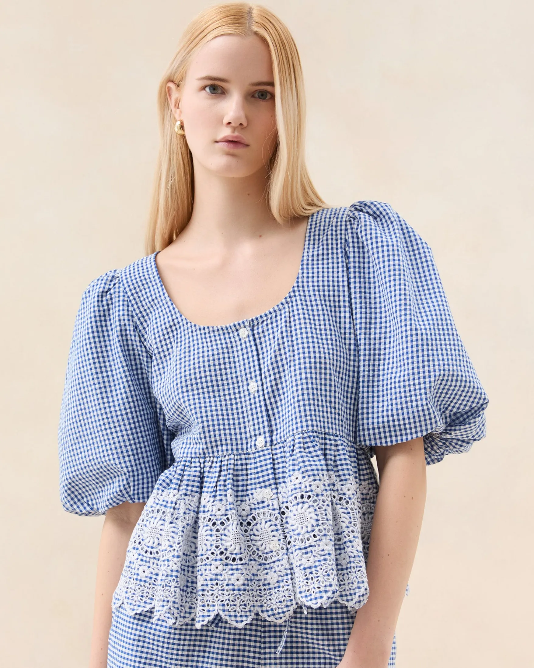 Hot Jodie Blue Gingham Embroidered Top Matching Sets|Tops