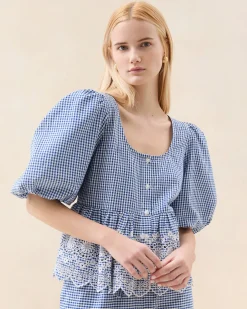 Hot Jodie Blue Gingham Embroidered Top Matching Sets|Tops