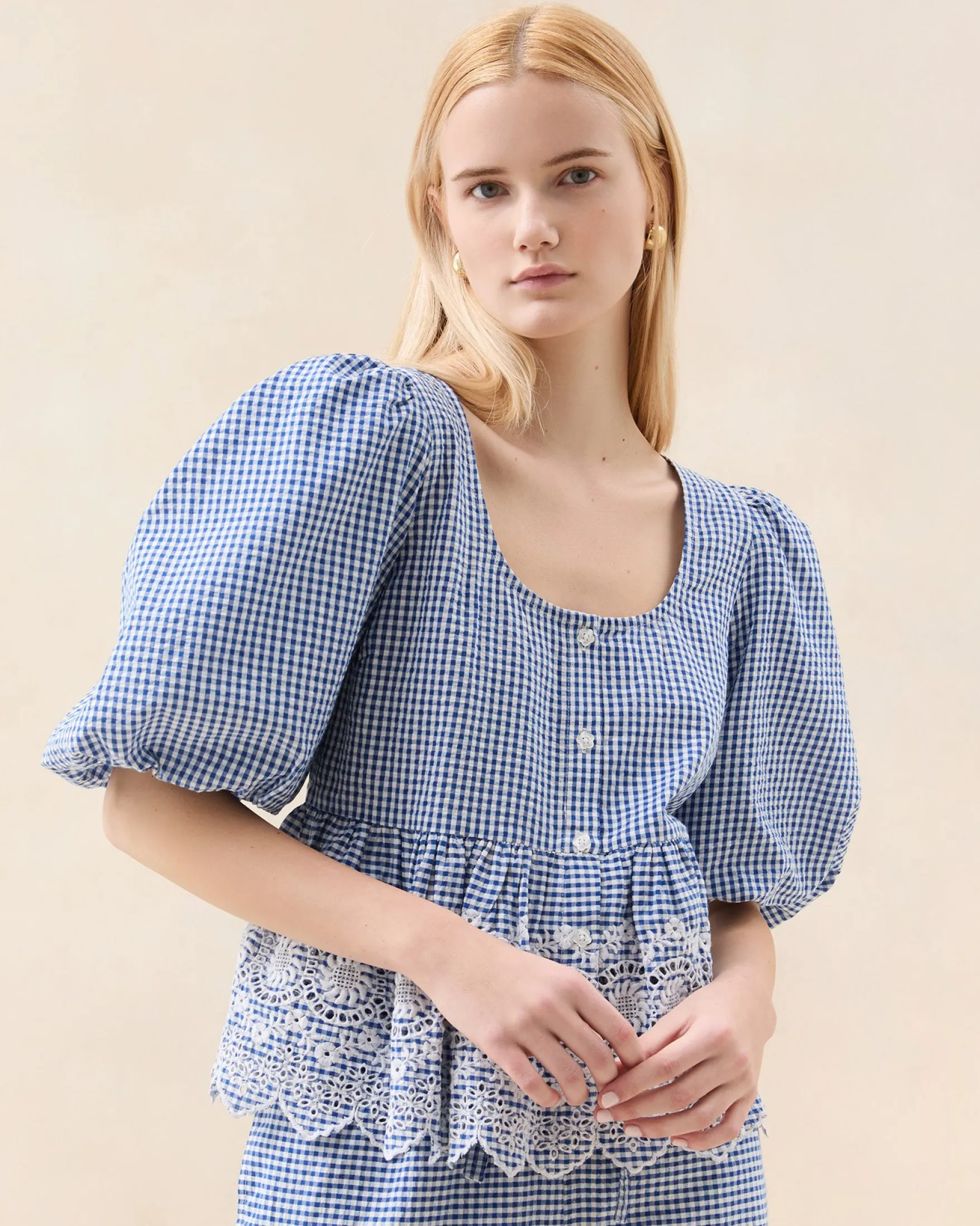 Hot Jodie Blue Gingham Embroidered Top Matching Sets|Tops