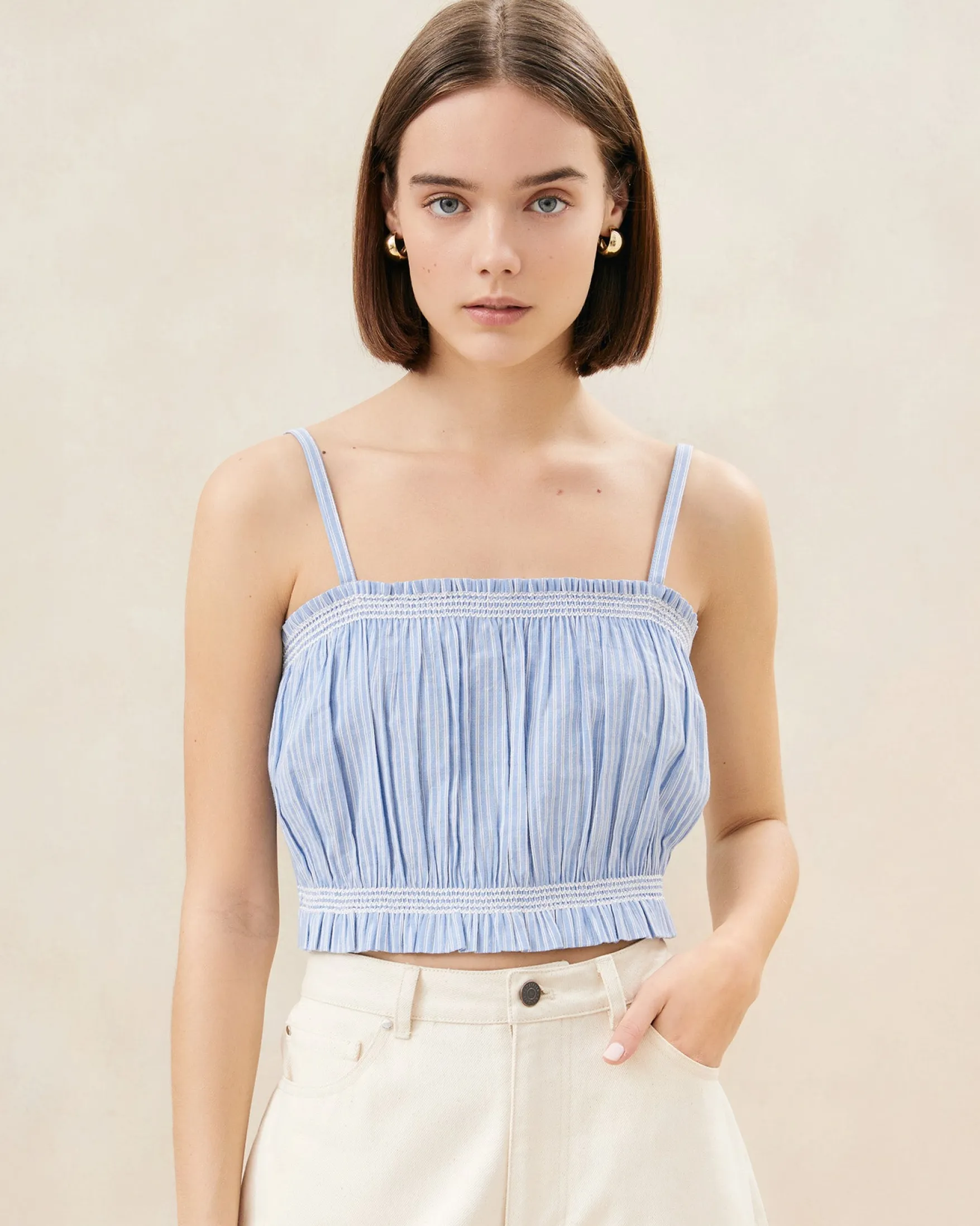 Discount Maggie Blue/Cream Cinched Camisole Tops