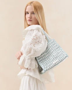 Best Missy Blue/Cream Crochet Tote Totes